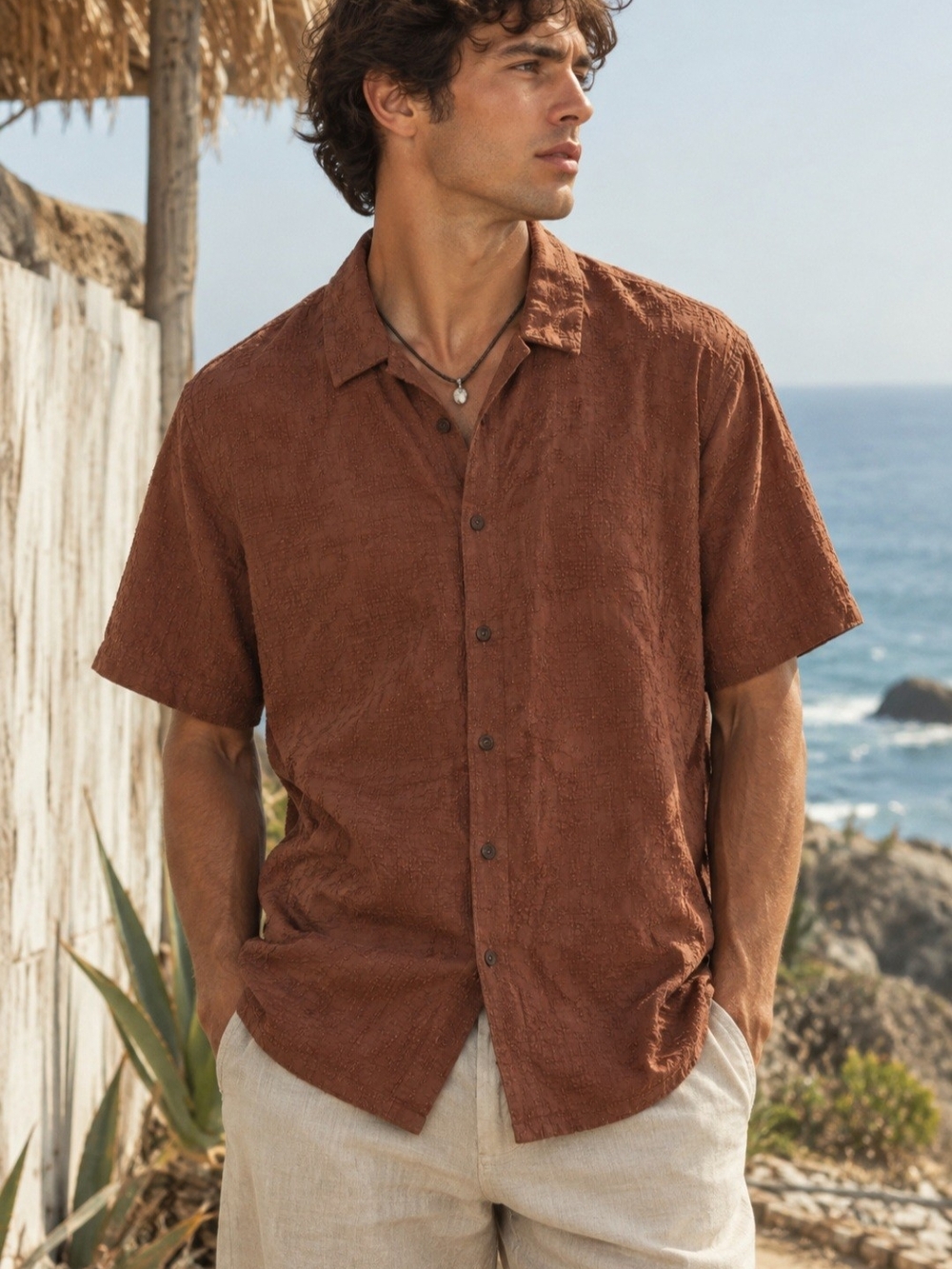 Aeropostale Men’s Large Brown Textured Short Sleeve Button-Up Shirt